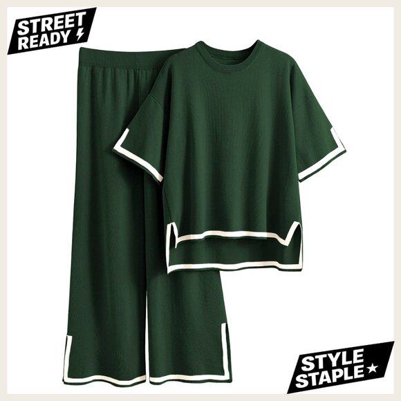 2-Piece Knit Lounge Set Short Sleeve Pullover & Wide Leg Pants
